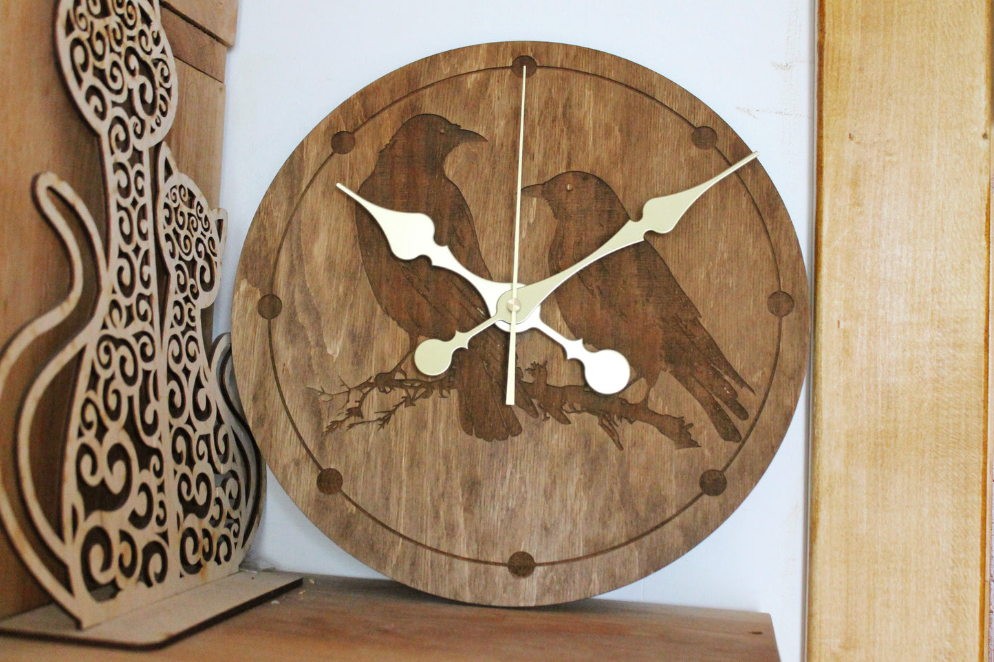 Wooden clock - Crows - chestnat color - 300 mm - 11.8 inches - ready to ship - handmade clock - Silent clock mechanism