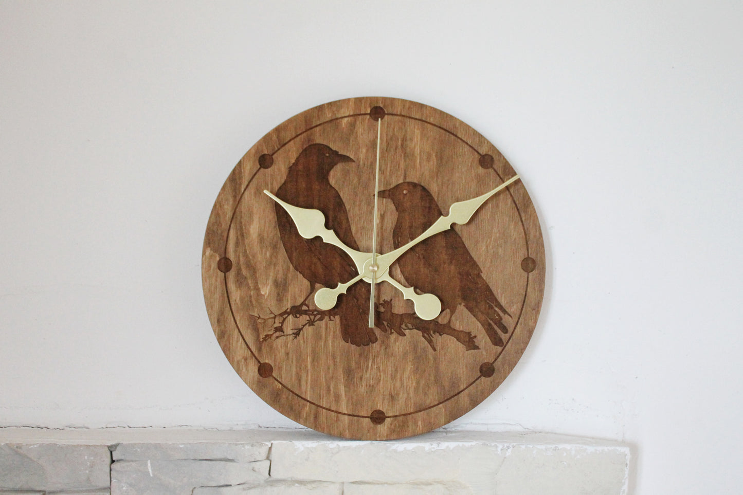 Wooden clock - Crows - chestnat color - 300 mm - 11.8 inches - ready to ship - handmade clock - Silent clock mechanism