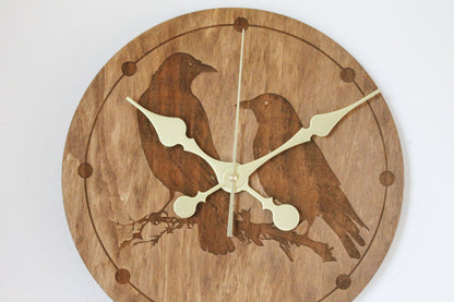 Wooden clock - Crows - chestnat color - 300 mm - 11.8 inches - ready to ship - handmade clock - Silent clock mechanism