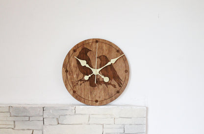 Wooden clock - Crows - chestnat color - 300 mm - 11.8 inches - ready to ship - handmade clock - Silent clock mechanism