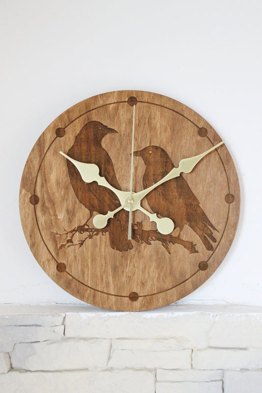 Wooden clock - Crows - chestnat color - 300 mm - 11.8 inches - ready to ship - handmade clock - Silent clock mechanism