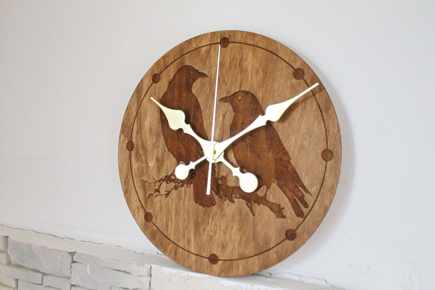 Wooden clock - Crows - chestnat color - 300 mm - 11.8 inches - ready to ship - handmade clock - Silent clock mechanism