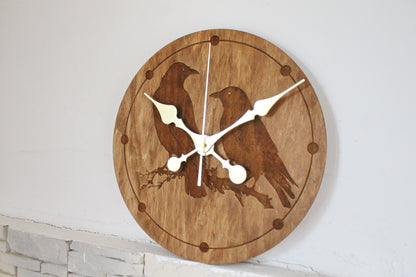 Wooden clock - Crows - chestnat color - 300 mm - 11.8 inches - ready to ship - handmade clock - Silent clock mechanism