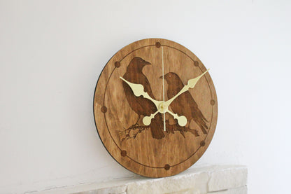 Wooden clock - Crows - chestnat color - 300 mm - 11.8 inches - ready to ship - handmade clock - Silent clock mechanism