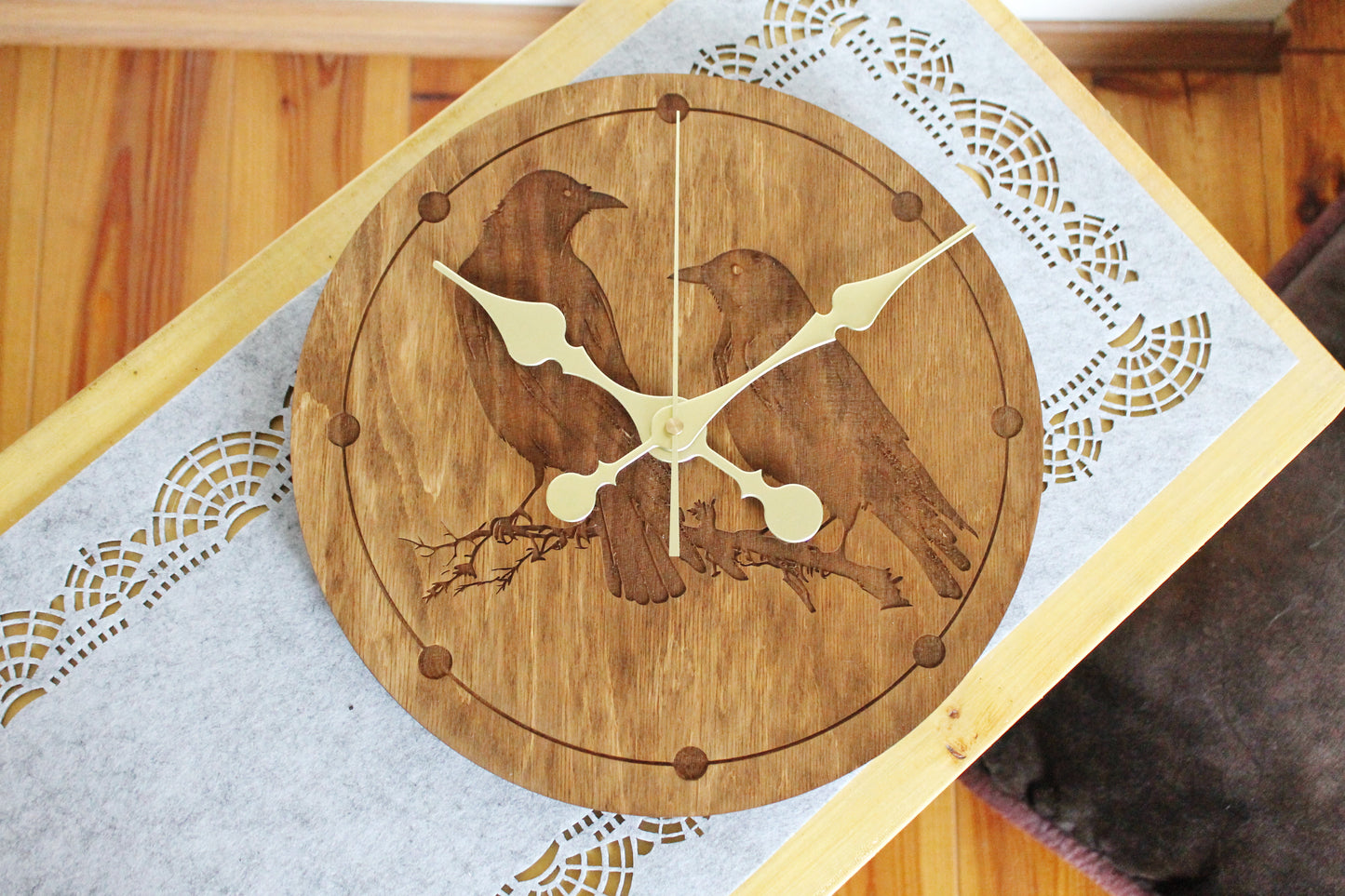 Wooden clock - Crows - chestnat color - 300 mm - 11.8 inches - ready to ship - handmade clock - Silent clock mechanism