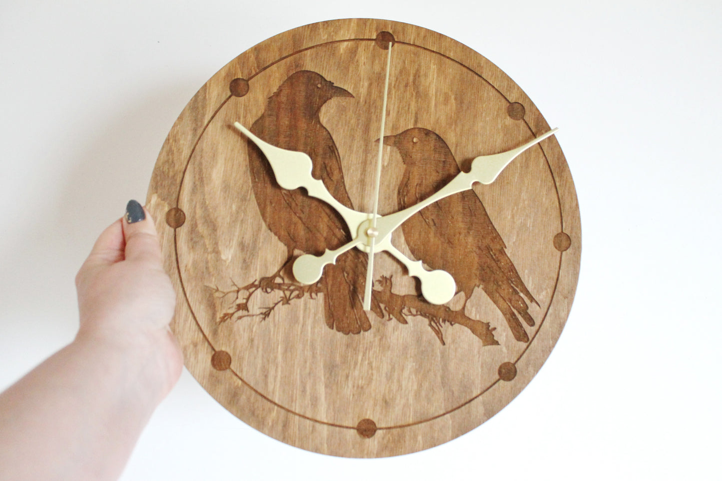 Wooden clock - Crows - chestnat color - 300 mm - 11.8 inches - ready to ship - handmade clock - Silent clock mechanism