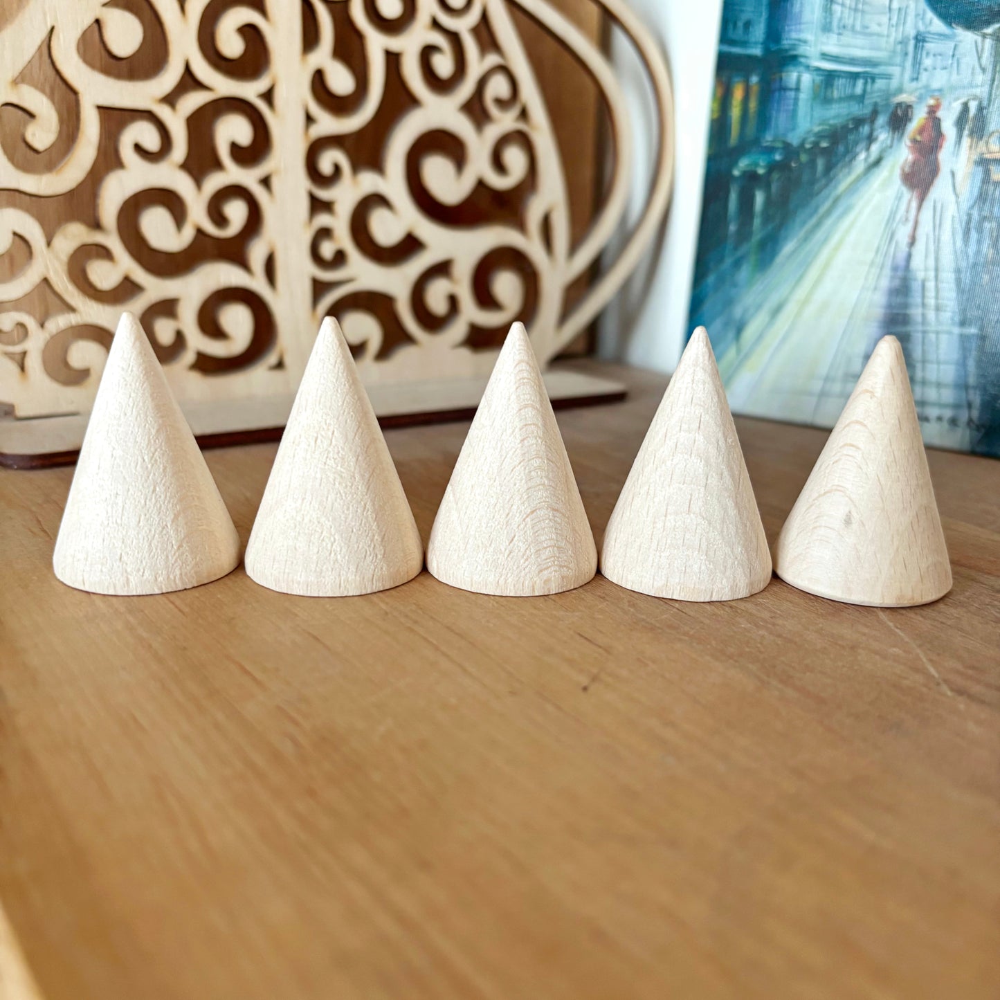 Unfinished Wooden Cones 40mm, Beech Wood Craft Shapes Set, Peg Doll Parts, Waldorf Toy Supply, DIY Wood Cones Bulk