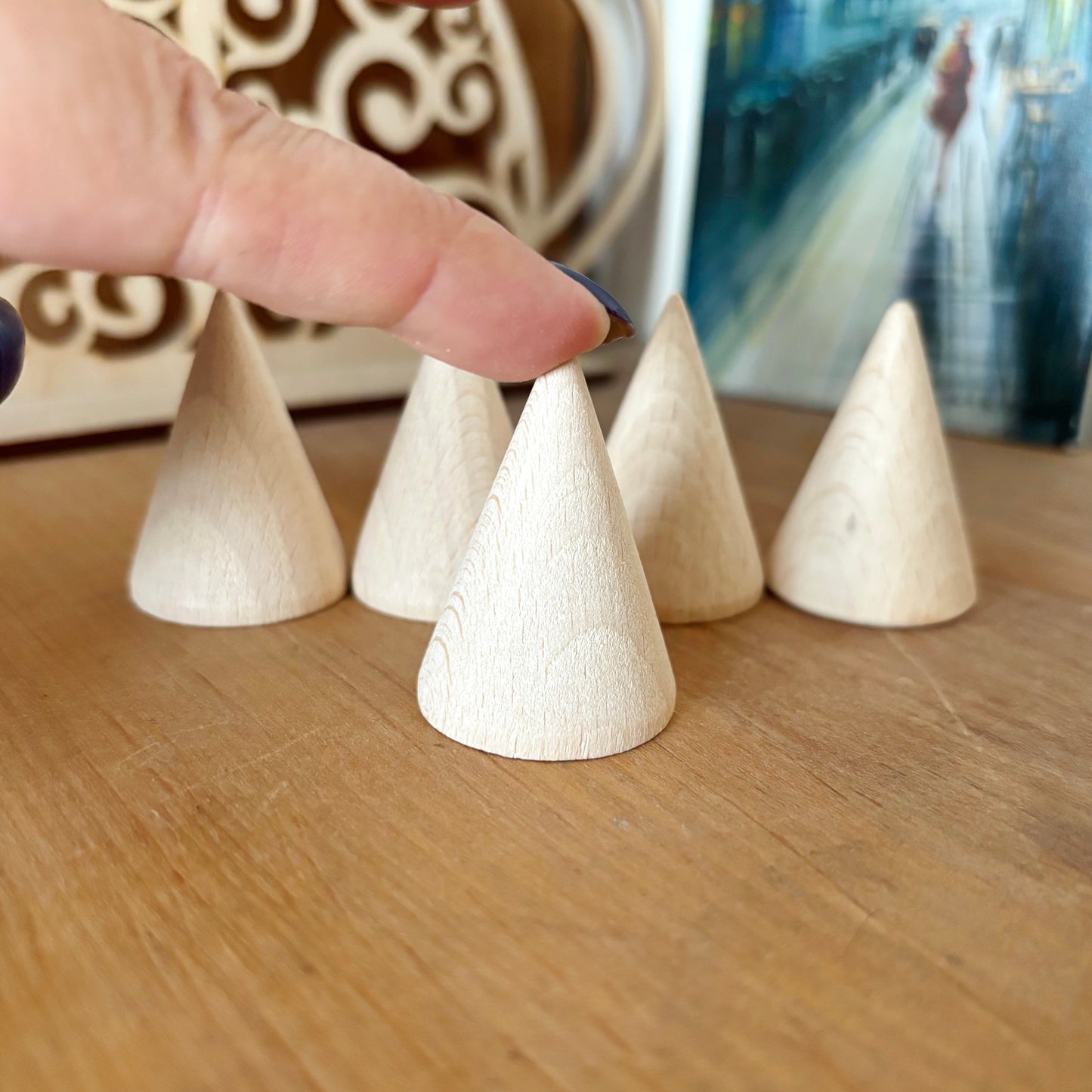 Unfinished Wooden Cones 40mm, Beech Wood Craft Shapes Set, Peg Doll Parts, Waldorf Toy Supply, DIY Wood Cones Bulk