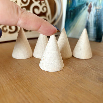 Unfinished Wooden Cones 40mm, Beech Wood Craft Shapes Set, Peg Doll Parts, Waldorf Toy Supply, DIY Wood Cones Bulk