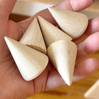 Unfinished Wooden Cones 40mm, Beech Wood Craft Shapes Set, Peg Doll Parts, Waldorf Toy Supply, DIY Wood Cones Bulk