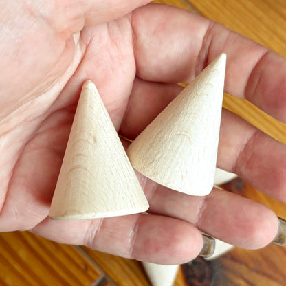 Unfinished Wooden Cones 40mm, Beech Wood Craft Shapes Set, Peg Doll Parts, Waldorf Toy Supply, DIY Wood Cones Bulk