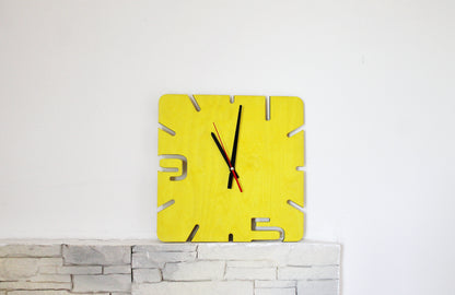 Wooden modern clock - Square yellow clock - 320 mm - 12.6 inches - handmade clock - Silent clock mechanism