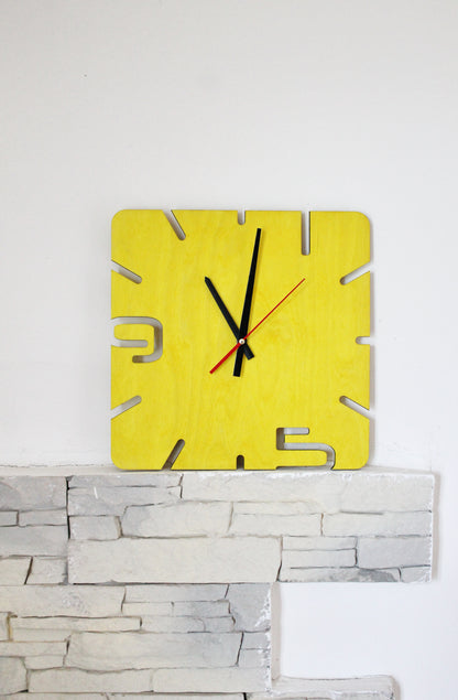 Wooden modern clock - Square yellow clock - 320 mm - 12.6 inches - handmade clock - Silent clock mechanism