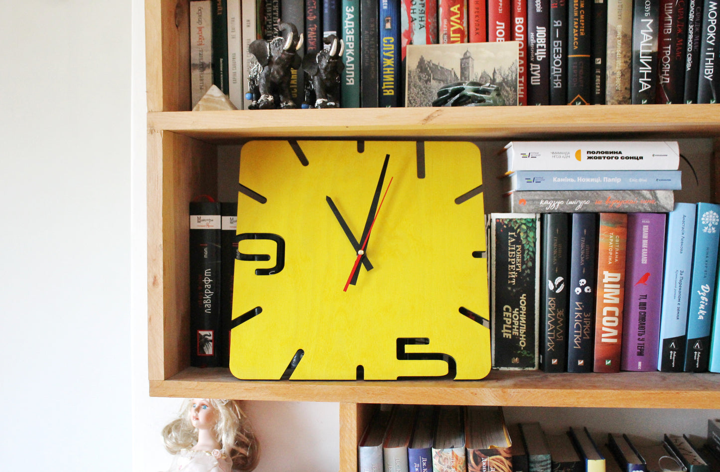 Wooden modern clock - Square yellow clock - 320 mm - 12.6 inches - handmade clock - Silent clock mechanism