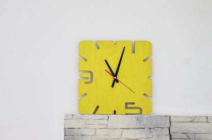 Wooden modern clock - Square yellow clock - 320 mm - 12.6 inches - handmade clock - Silent clock mechanism