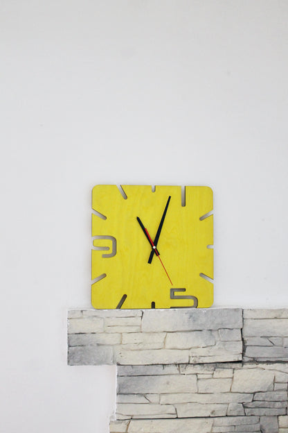 Wooden modern clock - Square yellow clock - 320 mm - 12.6 inches - handmade clock - Silent clock mechanism