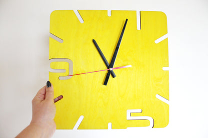 Wooden modern clock - Square yellow clock - 320 mm - 12.6 inches - handmade clock - Silent clock mechanism