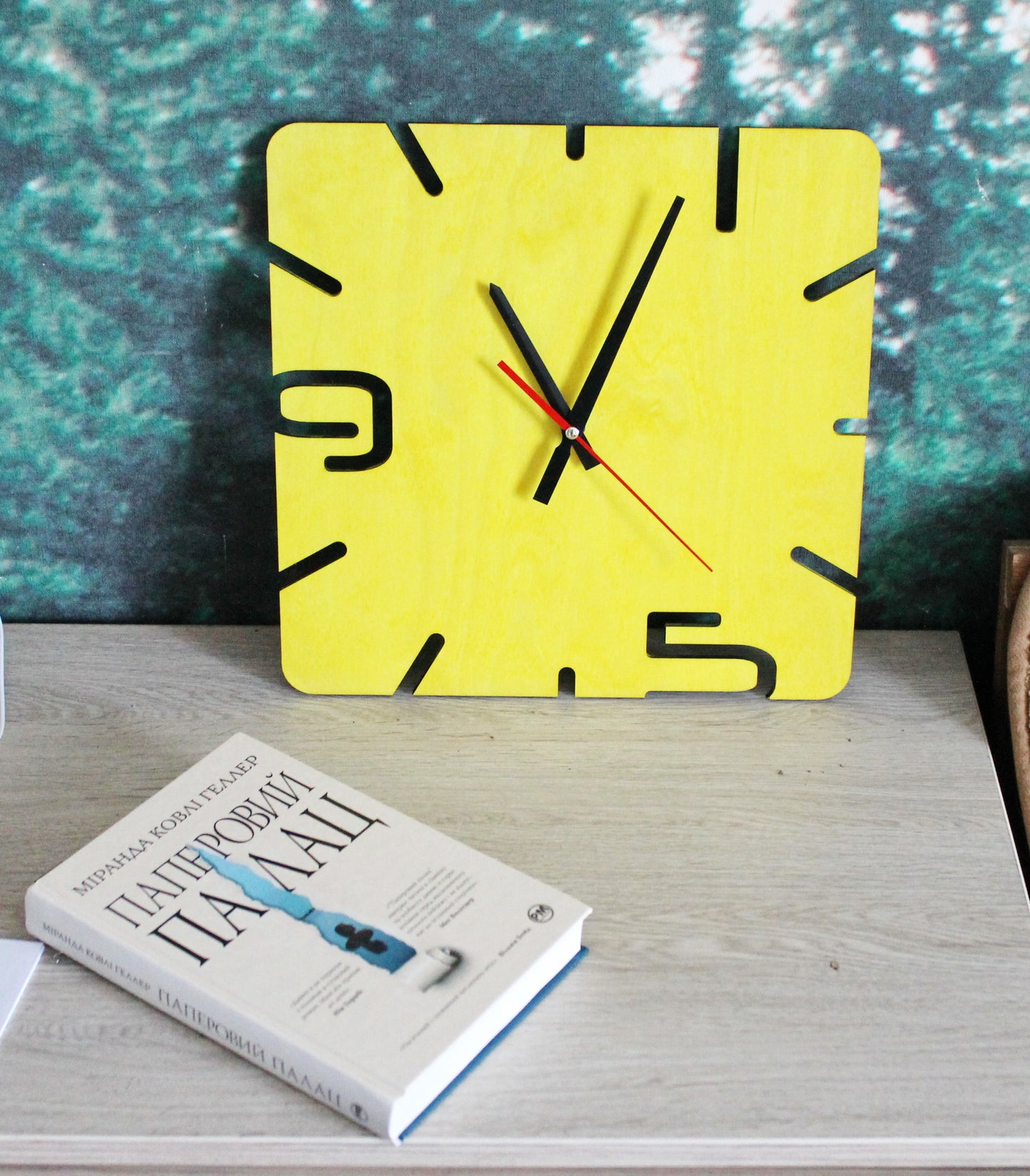 Wooden modern clock - Square yellow clock - 320 mm - 12.6 inches - handmade clock - Silent clock mechanism