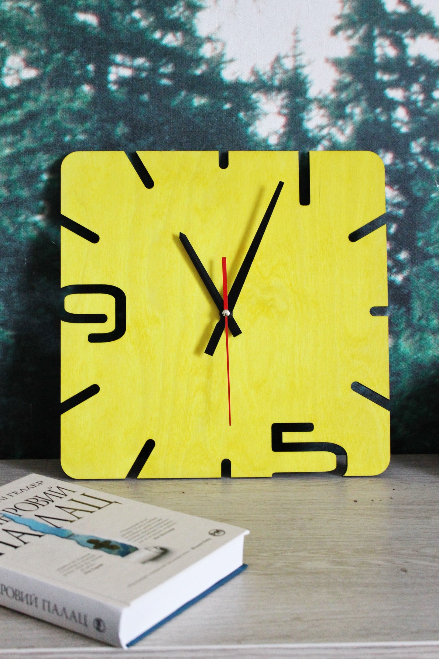 Wooden modern clock - Square yellow clock - 320 mm - 12.6 inches - handmade clock - Silent clock mechanism