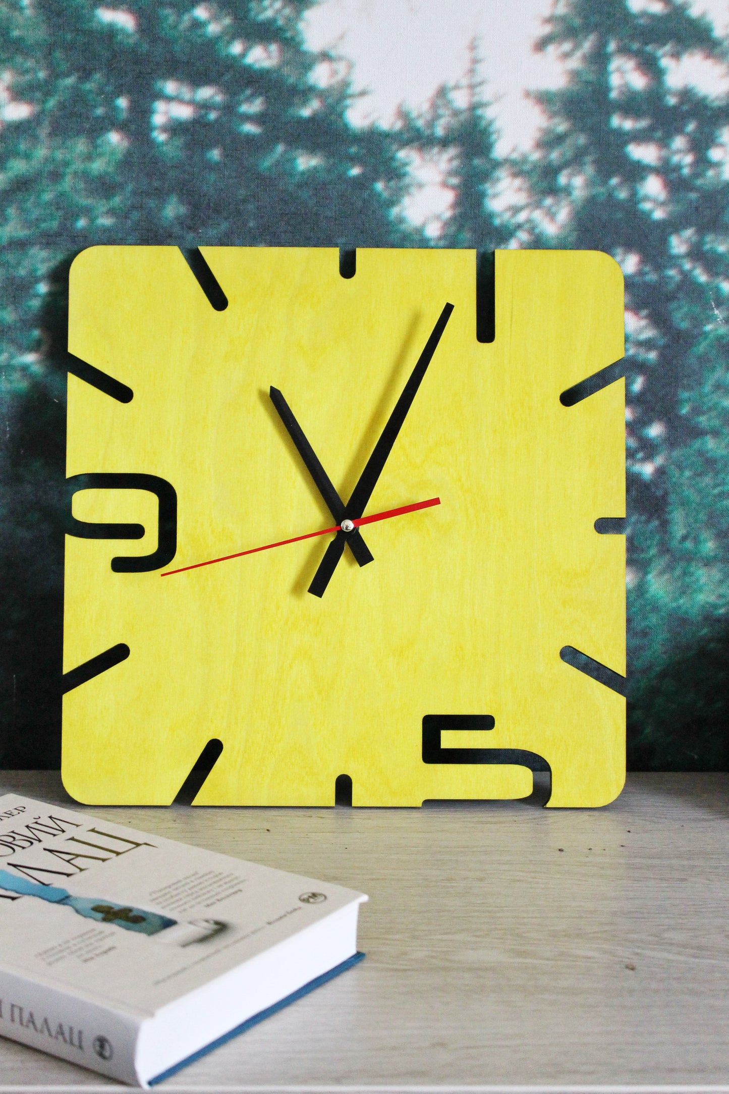 Wooden modern clock - Square yellow clock - 320 mm - 12.6 inches - handmade clock - Silent clock mechanism