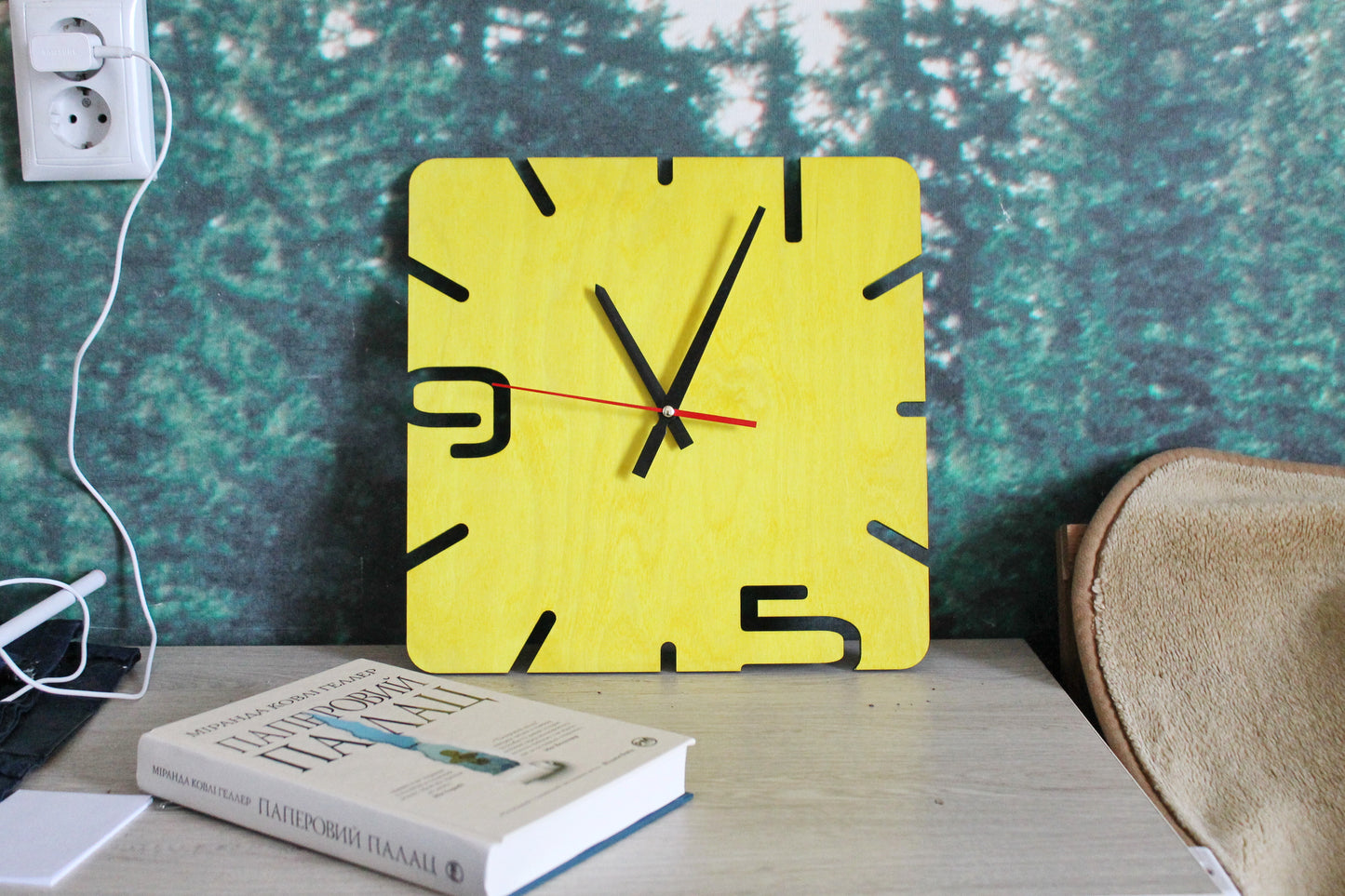 Wooden modern clock - Square yellow clock - 320 mm - 12.6 inches - handmade clock - Silent clock mechanism