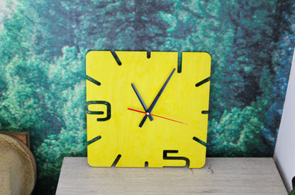 Wooden modern clock - Square yellow clock - 320 mm - 12.6 inches - handmade clock - Silent clock mechanism