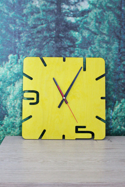 Wooden modern clock - Square yellow clock - 320 mm - 12.6 inches - handmade clock - Silent clock mechanism