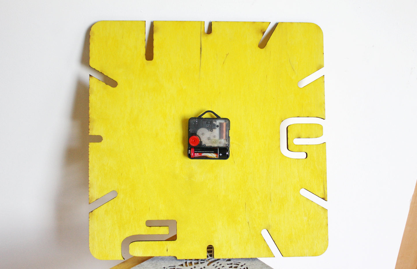 Wooden modern clock - Square yellow clock - 320 mm - 12.6 inches - handmade clock - Silent clock mechanism