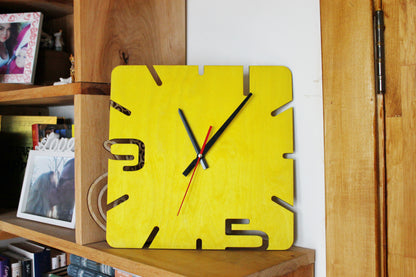 Wooden modern clock - Square yellow clock - 320 mm - 12.6 inches - handmade clock - Silent clock mechanism