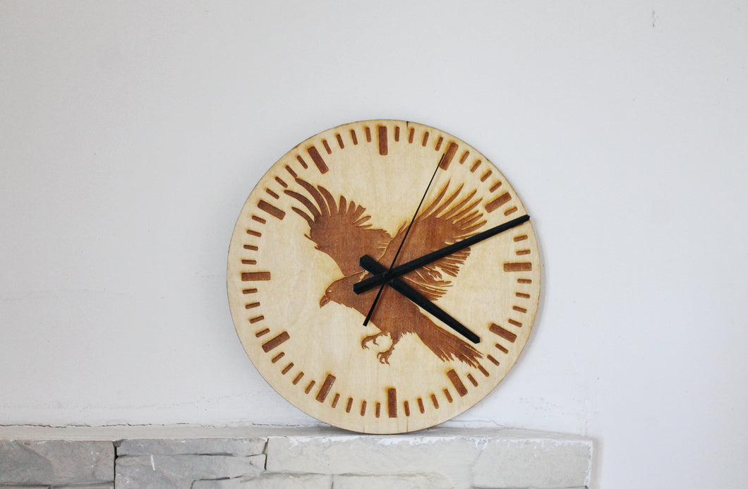 Wooden clock - Crow - natural color - 300 mm - 11.8 inches - ready to ship - handmade clock - Silent clock mechanism