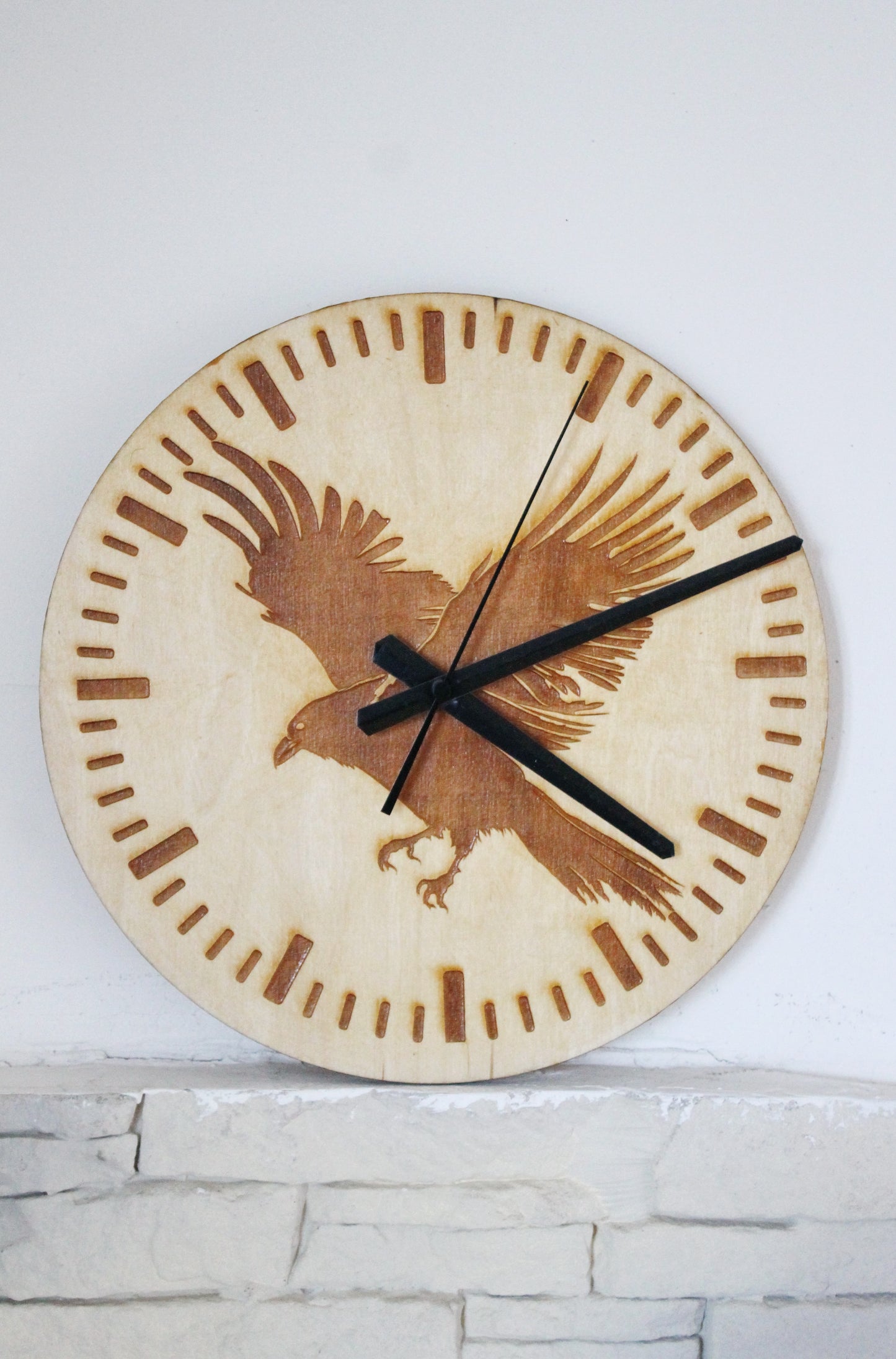 Wooden clock - Crow - natural color - 300 mm - 11.8 inches - ready to ship - handmade clock - Silent clock mechanism