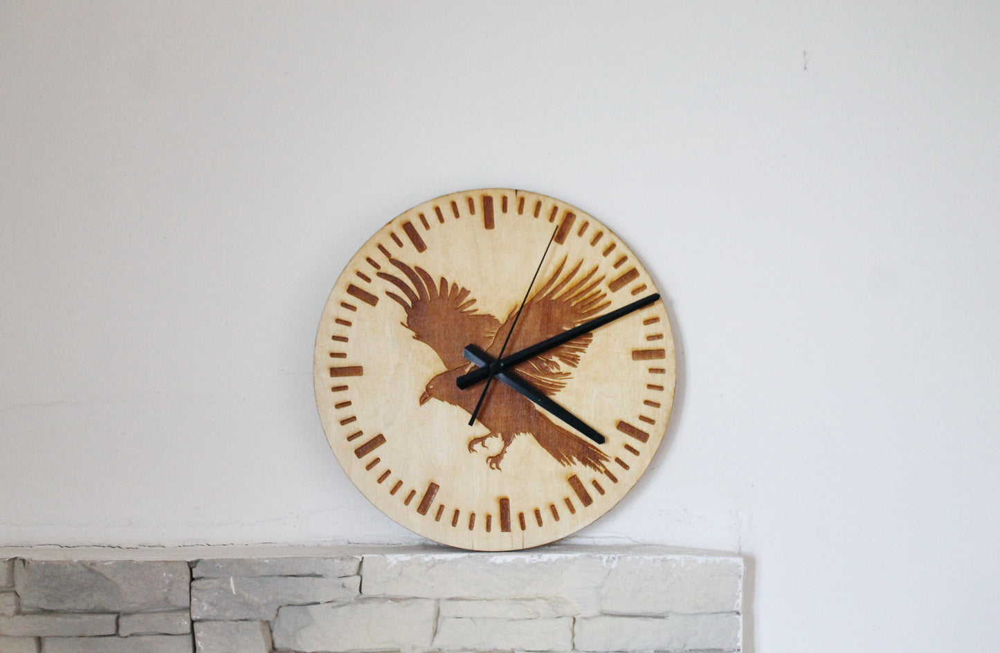 Wooden clock - Crow - natural color - 300 mm - 11.8 inches - ready to ship - handmade clock - Silent clock mechanism