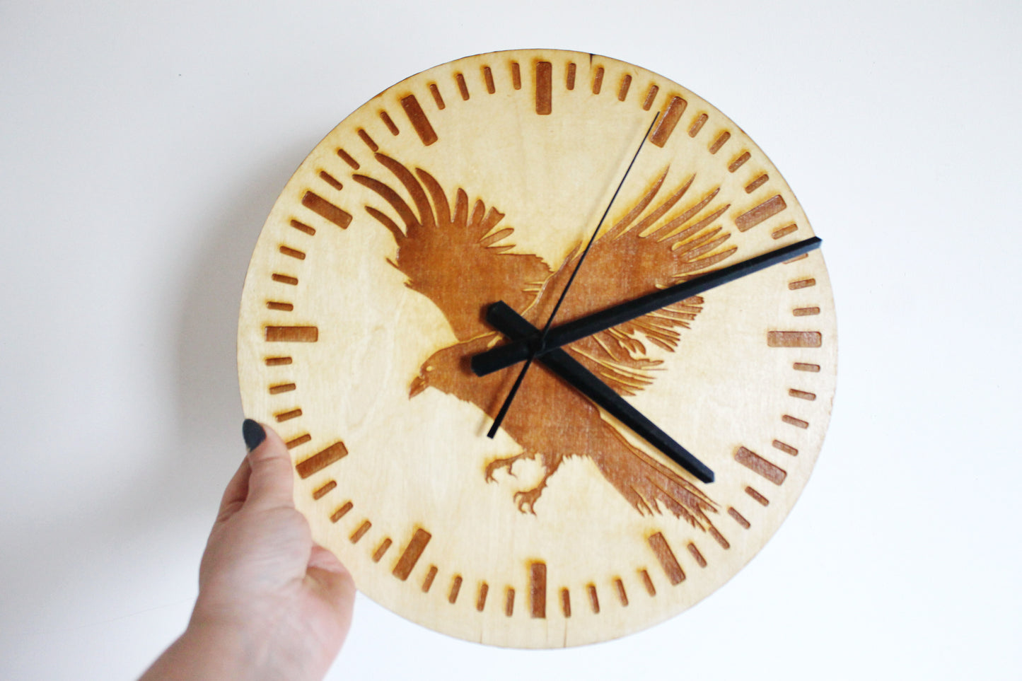 Wooden clock - Crow - natural color - 300 mm - 11.8 inches - ready to ship - handmade clock - Silent clock mechanism