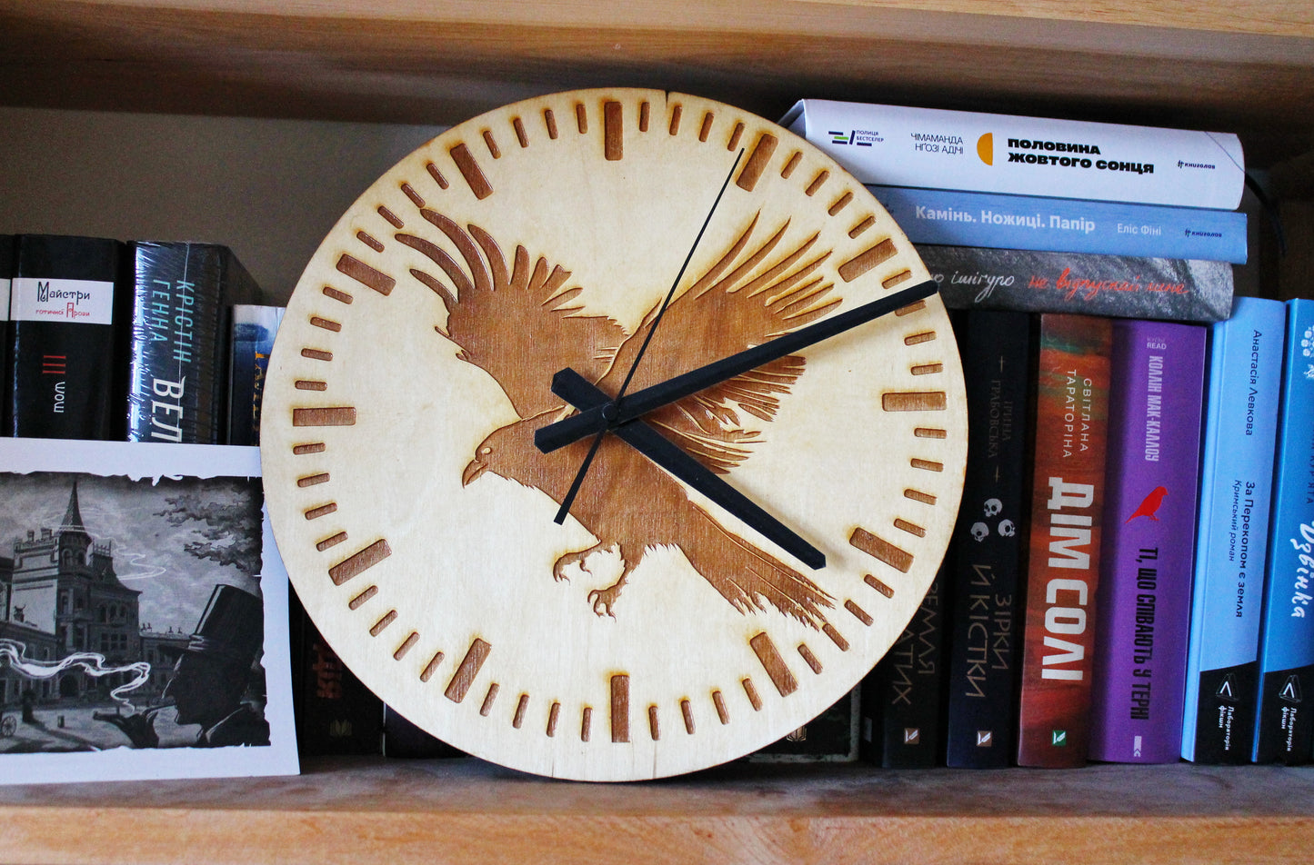 Wooden clock - Crow - natural color - 300 mm - 11.8 inches - ready to ship - handmade clock - Silent clock mechanism