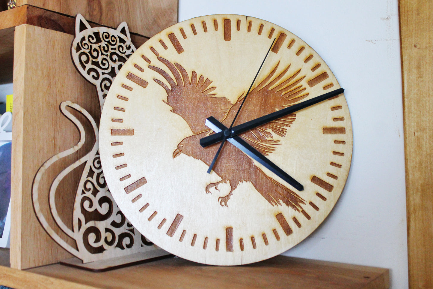 Wooden clock - Crow - natural color - 300 mm - 11.8 inches - ready to ship - handmade clock - Silent clock mechanism