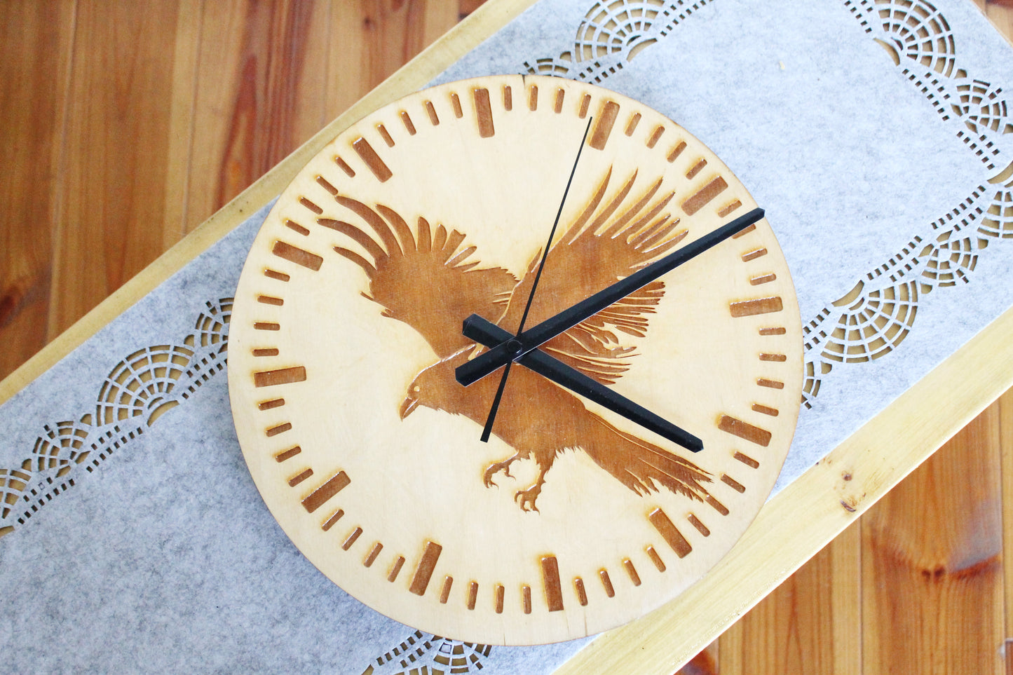 Wooden clock - Crow - natural color - 300 mm - 11.8 inches - ready to ship - handmade clock - Silent clock mechanism