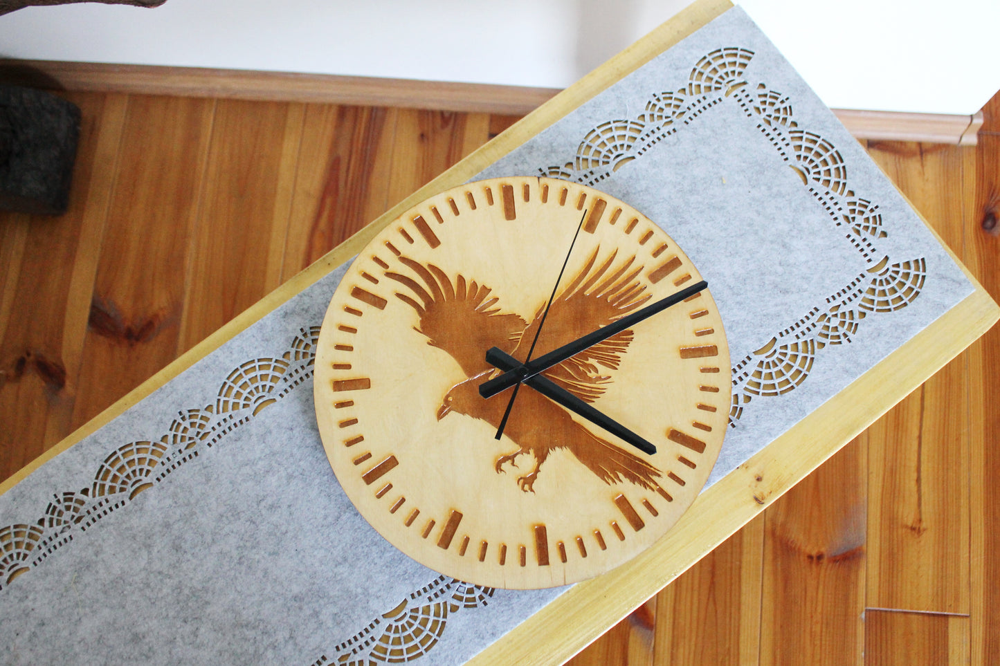 Wooden clock - Crow - natural color - 300 mm - 11.8 inches - ready to ship - handmade clock - Silent clock mechanism