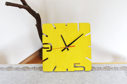 Wooden modern clock - Square yellow clock - 320 mm - 12.6 inches - handmade clock - Silent clock mechanism