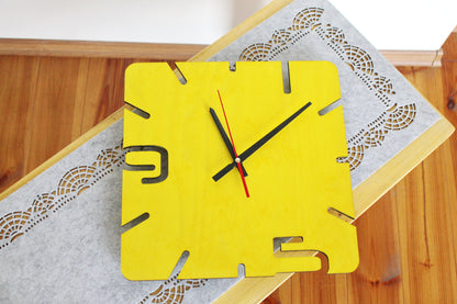 Wooden modern clock - Square yellow clock - 320 mm - 12.6 inches - handmade clock - Silent clock mechanism