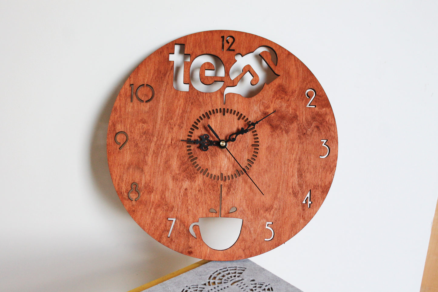 Wooden modern clock - TEA - red wood color - 320 mm - 12.6 inches - light and ready to ship - handmade clock - Silent clock mechanism