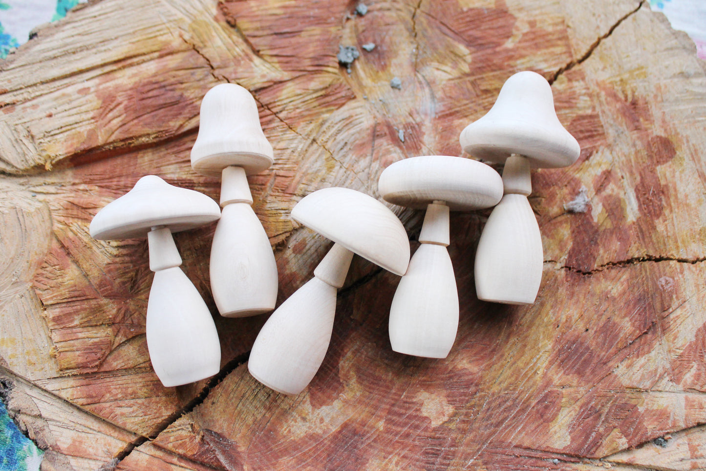 Set of five Wooden mushrooms - 91 to 112 mm - 3.6 to 4.4 inches - unfinished wooden handmade mushrooms - made of alder wood