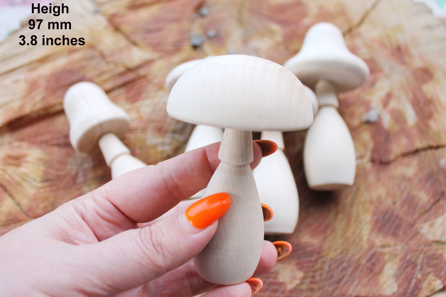 Set of five Wooden mushrooms - 91 to 112 mm - 3.6 to 4.4 inches - unfinished wooden handmade mushrooms - made of alder wood