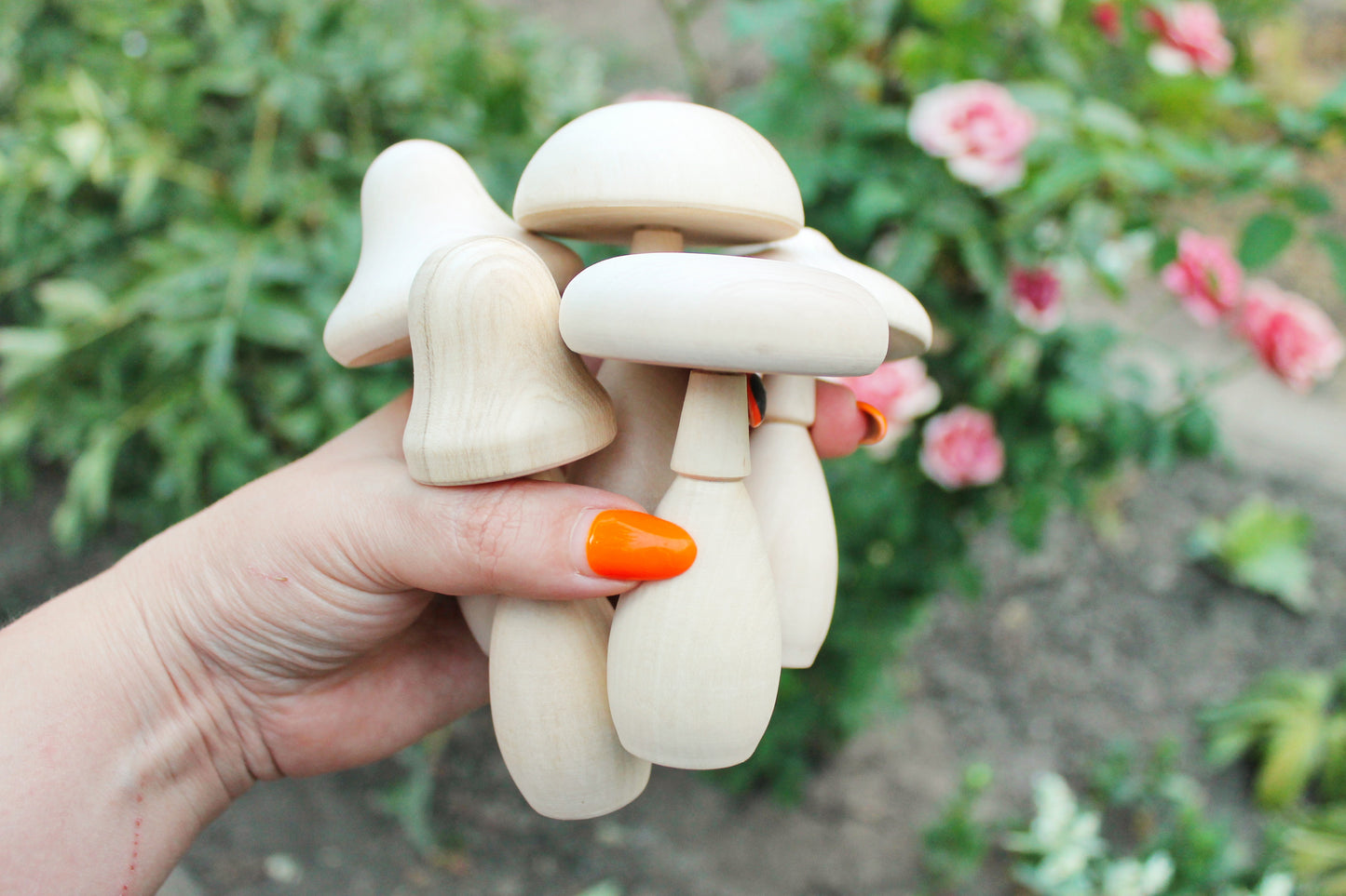 Set of five Wooden mushrooms - 91 to 112 mm - 3.6 to 4.4 inches - unfinished wooden handmade mushrooms - made of alder wood