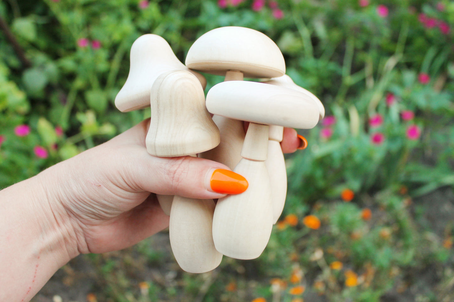 Set of five Wooden mushrooms - 91 to 112 mm - 3.6 to 4.4 inches - unfinished wooden handmade mushrooms - made of alder wood