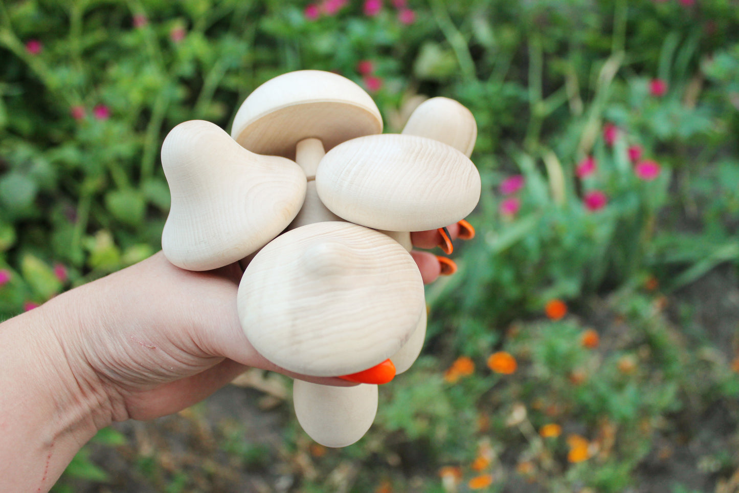 Set of five Wooden mushrooms - 91 to 112 mm - 3.6 to 4.4 inches - unfinished wooden handmade mushrooms - made of alder wood