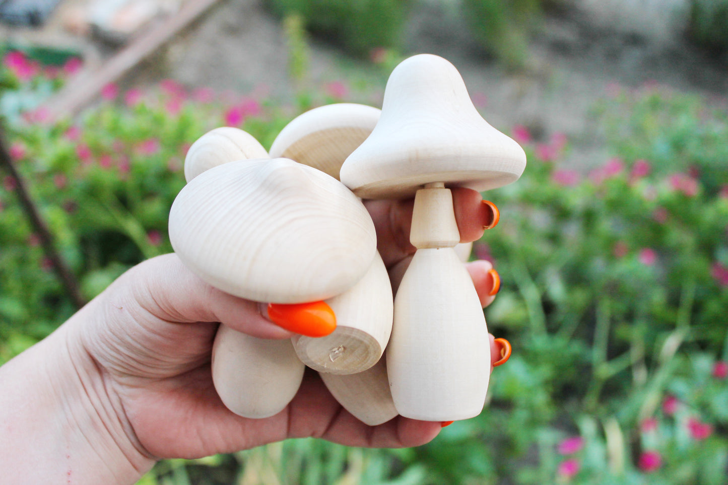 Set of five Wooden mushrooms - 91 to 112 mm - 3.6 to 4.4 inches - unfinished wooden handmade mushrooms - made of alder wood