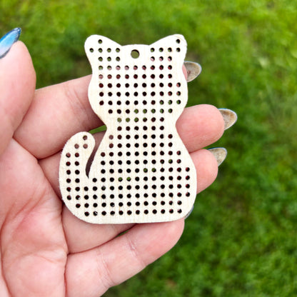 Cat Cross Stitch Blank Wooden Pendant, DIY Embroidery Ornament, Laser Cut Craft Supply, Single Piece or Bulk Pack