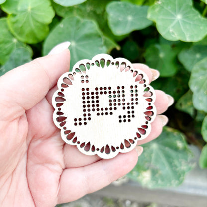 Joy Cross Stitch Wooden Blank, Christmas Embroidery Ornament, Laser Cut DIY Holiday Decoration, Plywood Needlecraft Supply