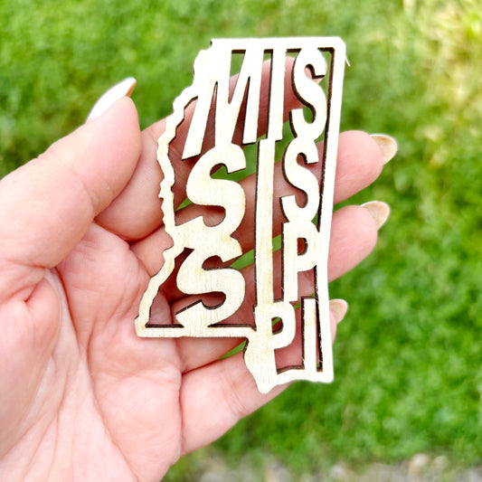 Mississippi state inscription - Laser Cut - unfinished blank - 3.5 inches - Mississippi Map Shape Text, Pattern, Stencil, Outline
