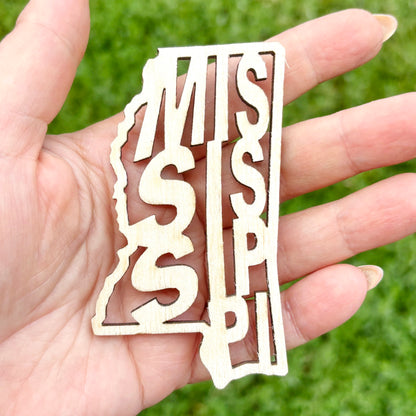 Mississippi state inscription - Laser Cut - unfinished blank - 3.5 inches - Mississippi Map Shape Text, Pattern, Stencil, Outline